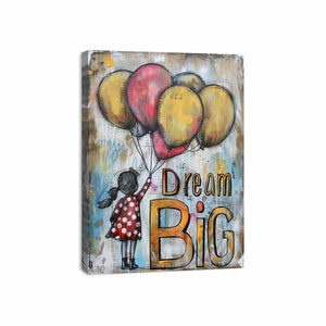 Dream Big kids motivational canvas art with balloons for nursery or playroom decor.