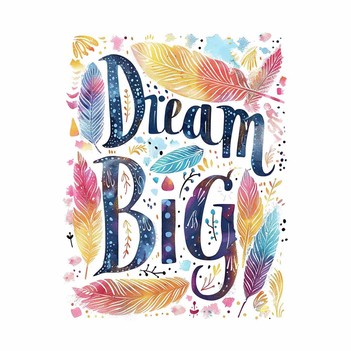 Colorful Dream Big feather typography art for kids room or creative office decor.