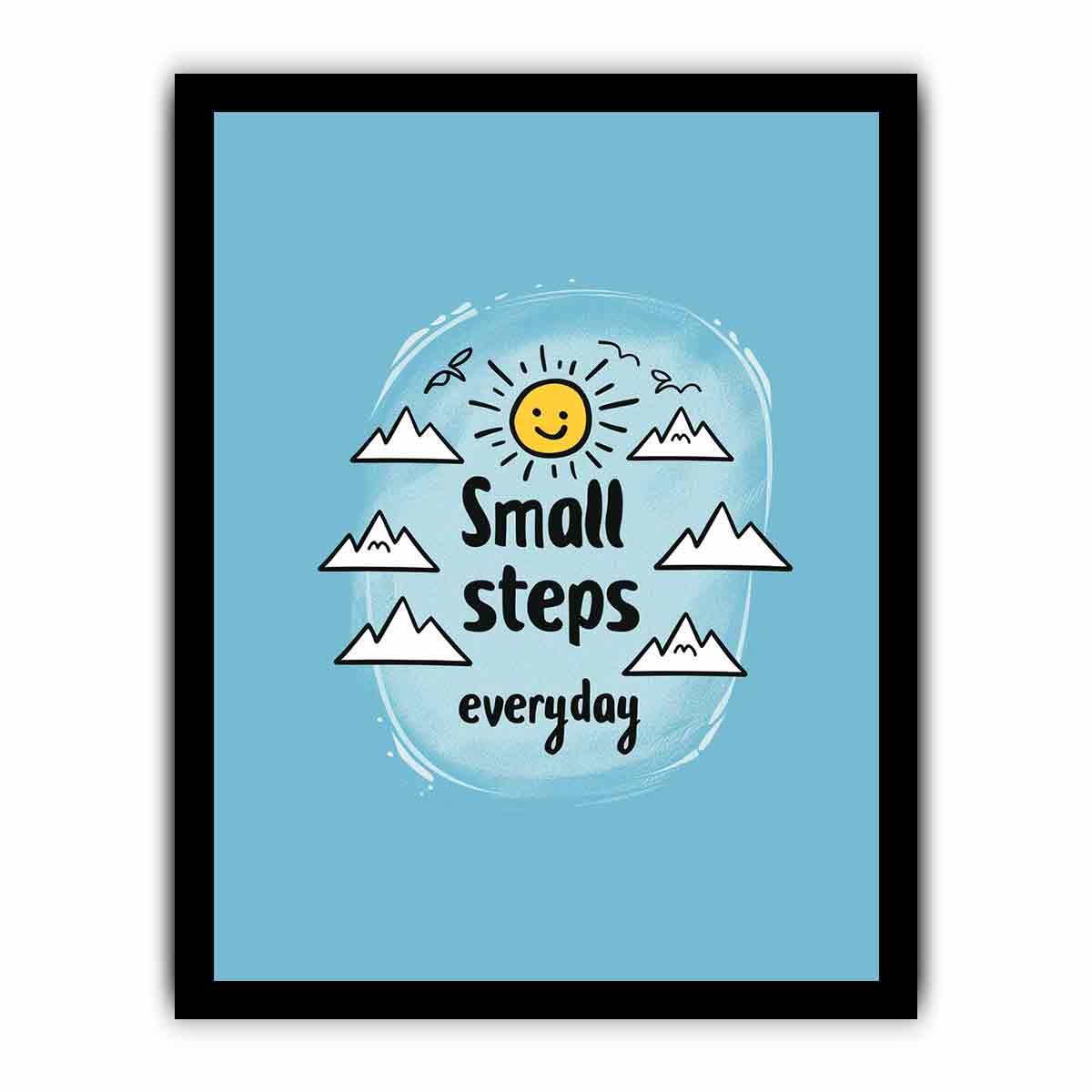 Small Steps everyday motivational wall art with sun and mountains for office decor.