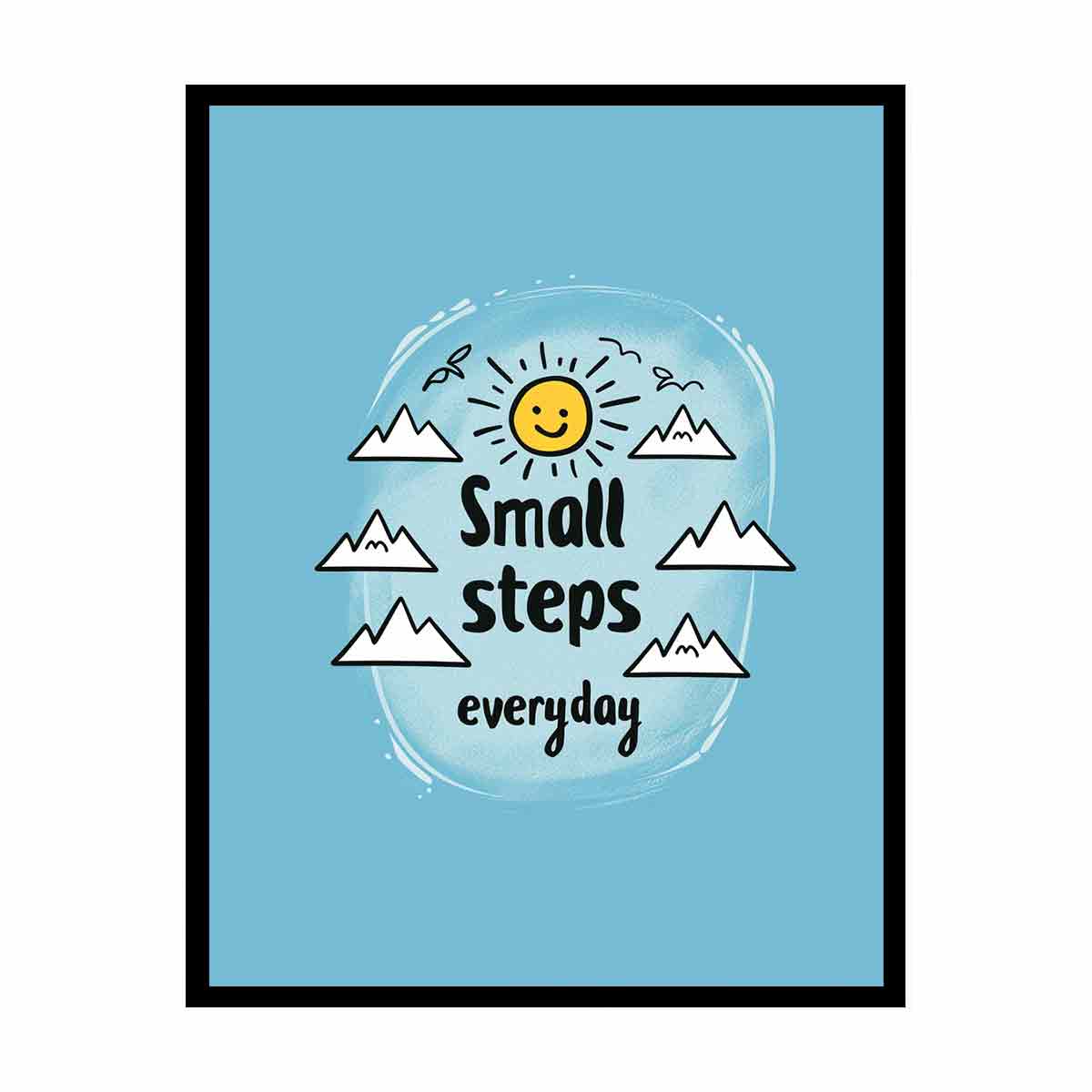 Small Steps everyday motivational wall art with sun and mountains for office decor.
