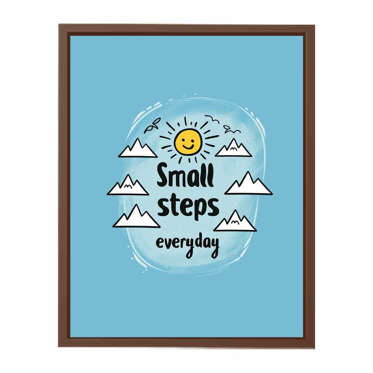 Small Steps everyday motivational wall art with sun and mountains for office decor.