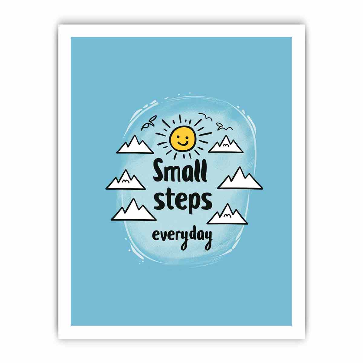Small Steps everyday motivational wall art with sun and mountains for office decor.