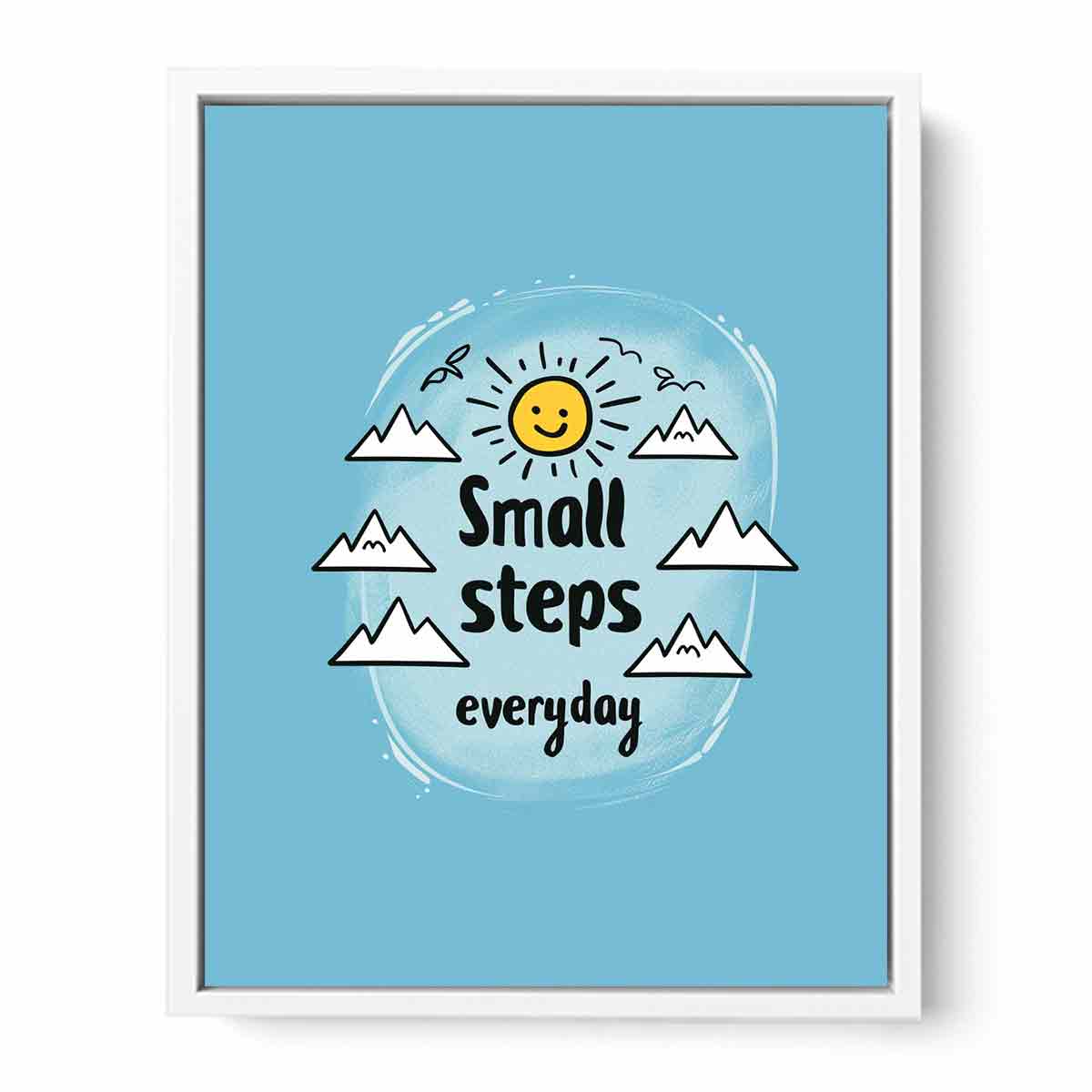 Small Steps everyday motivational wall art with sun and mountains for office decor.