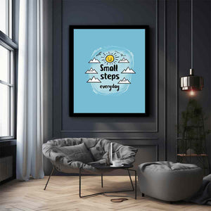 Small Steps everyday motivational wall art with sun and mountains for office decor.