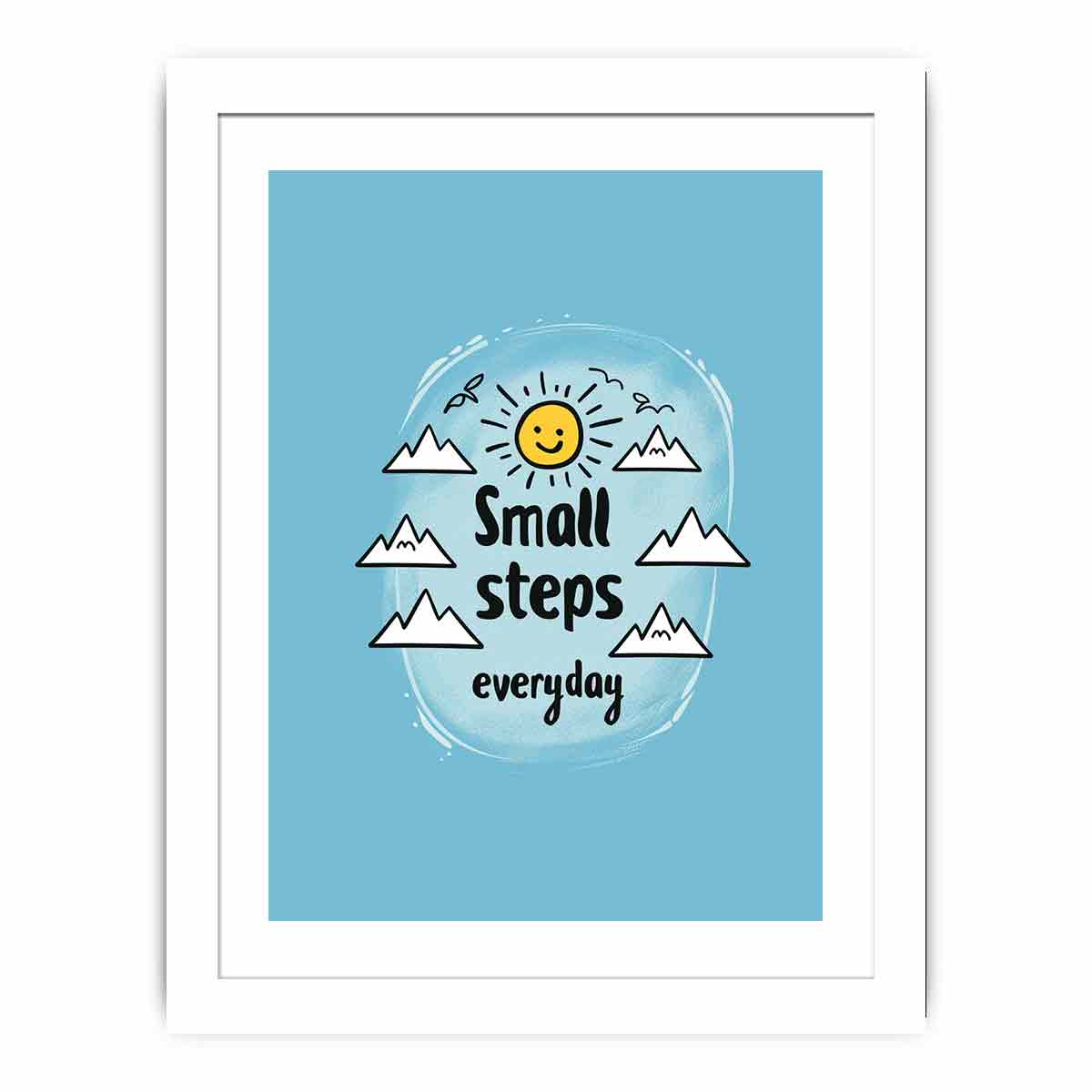 Small Steps everyday motivational wall art with sun and mountains for office decor.