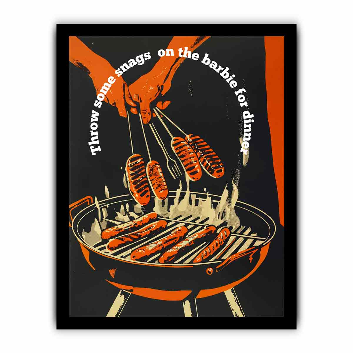 Retro barbecue hot dog wall art with grill and tongs for kitchen or home bar decor.