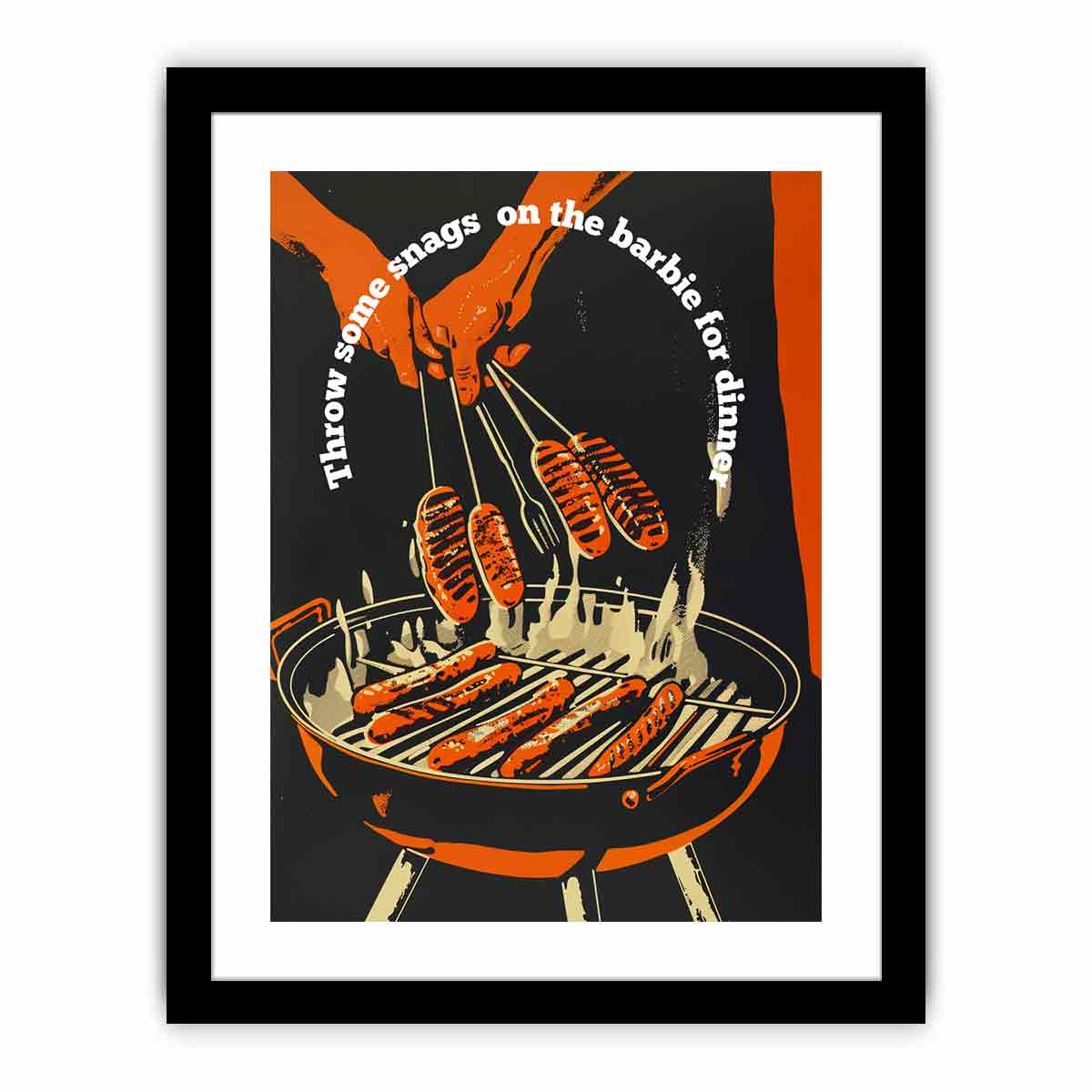 Retro barbecue hot dog wall art with grill and tongs for kitchen or home bar decor.