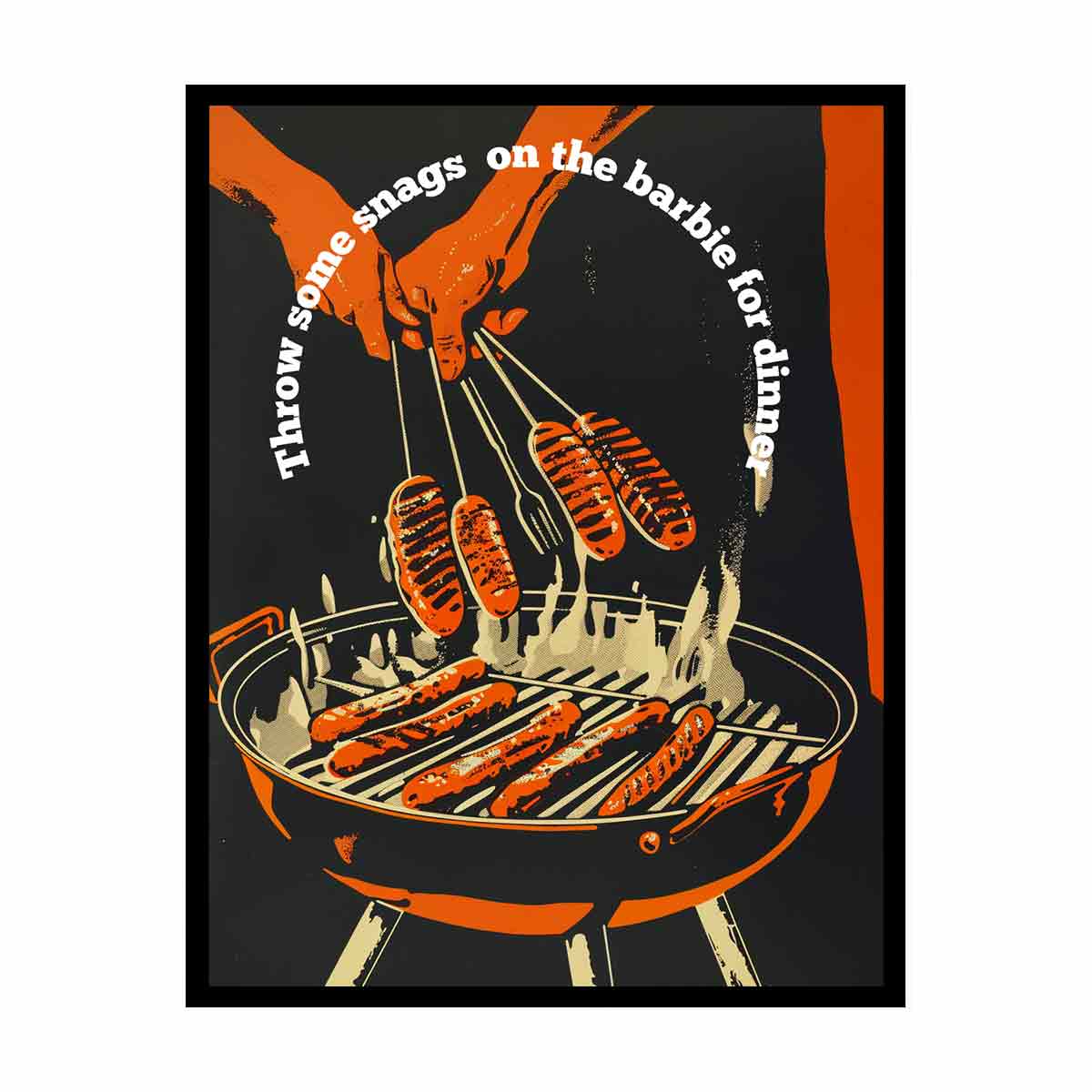 Retro barbecue hot dog wall art with grill and tongs for kitchen or home bar decor.