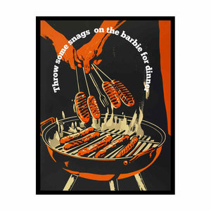 Retro barbecue hot dog wall art with grill and tongs for kitchen or home bar decor.