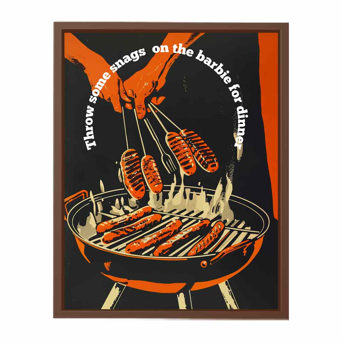 Retro barbecue hot dog wall art with grill and tongs for kitchen or home bar decor.