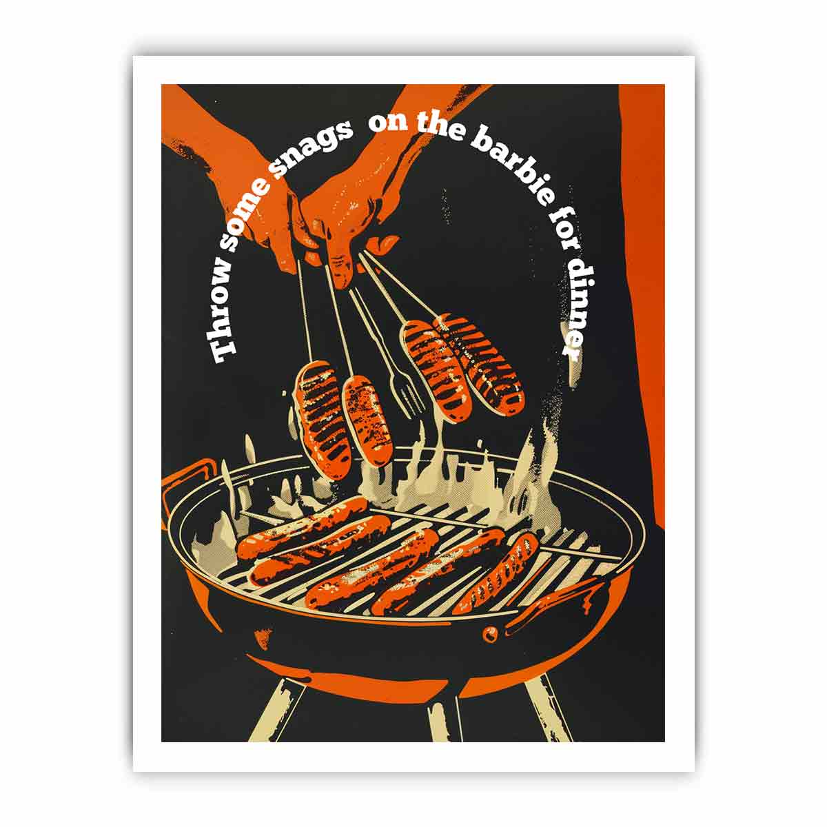 Retro barbecue hot dog wall art with grill and tongs for kitchen or home bar decor.