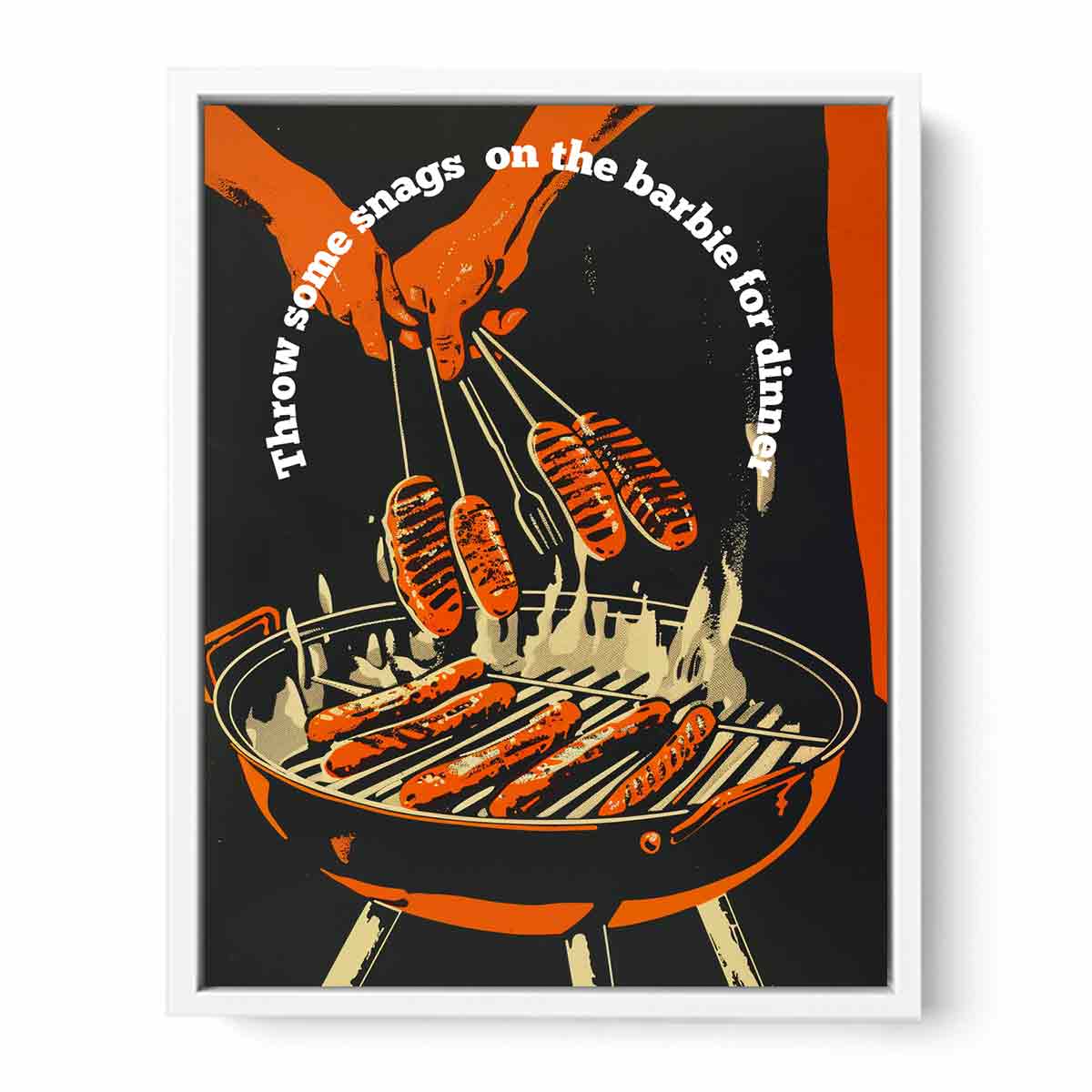 Retro barbecue hot dog wall art with grill and tongs for kitchen or home bar decor.