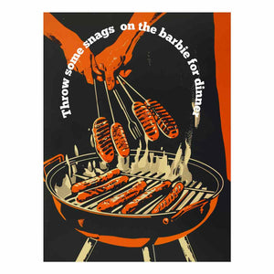 Retro barbecue hot dog wall art with grill and tongs for kitchen or home bar decor.