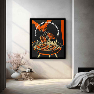 Retro barbecue hot dog wall art with grill and tongs for kitchen or home bar decor.