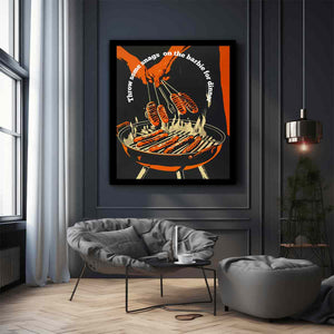 Retro barbecue hot dog wall art with grill and tongs for kitchen or home bar decor.