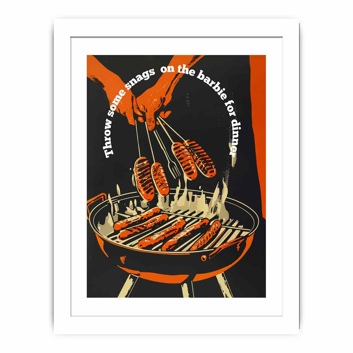 Retro barbecue hot dog wall art with grill and tongs for kitchen or home bar decor.