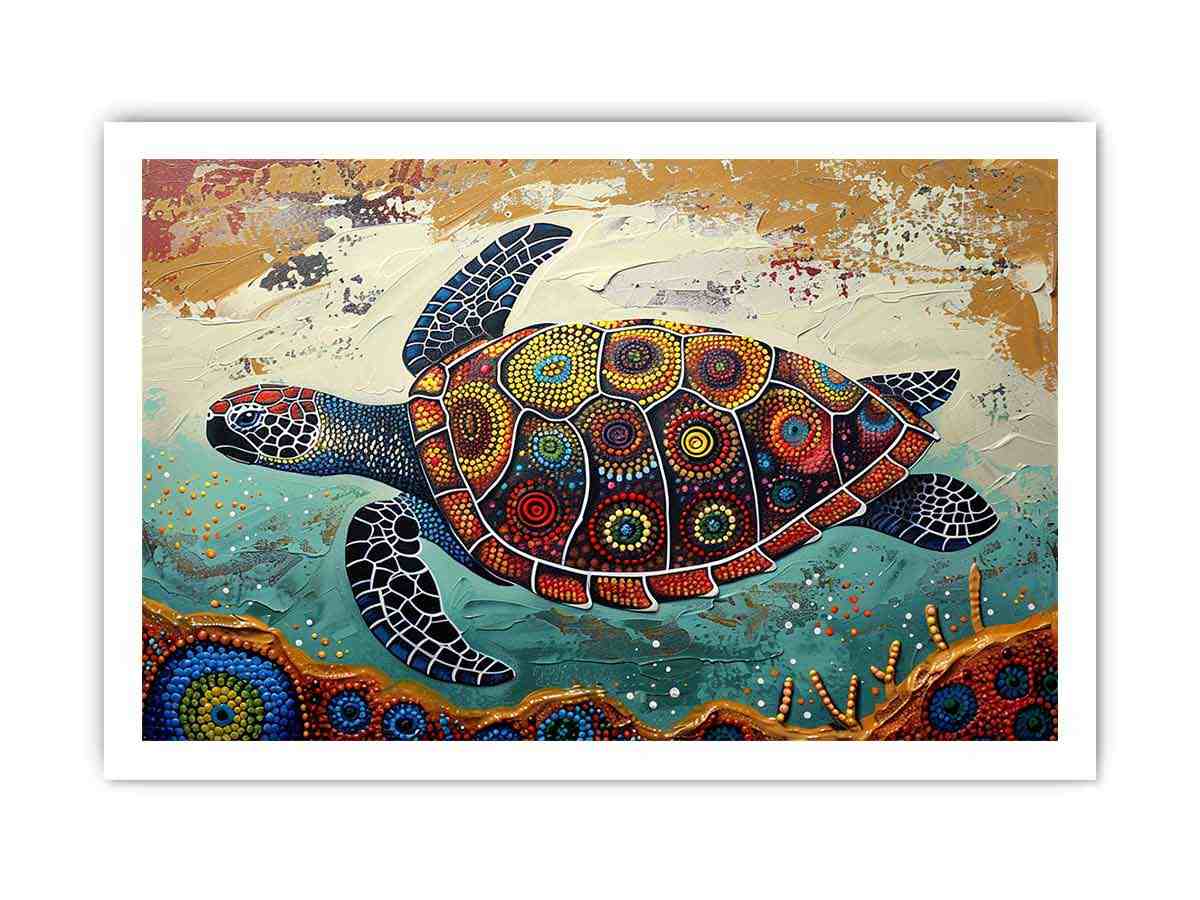 Colorful sea turtle coastal canvas art for beach house or living room wall decor.