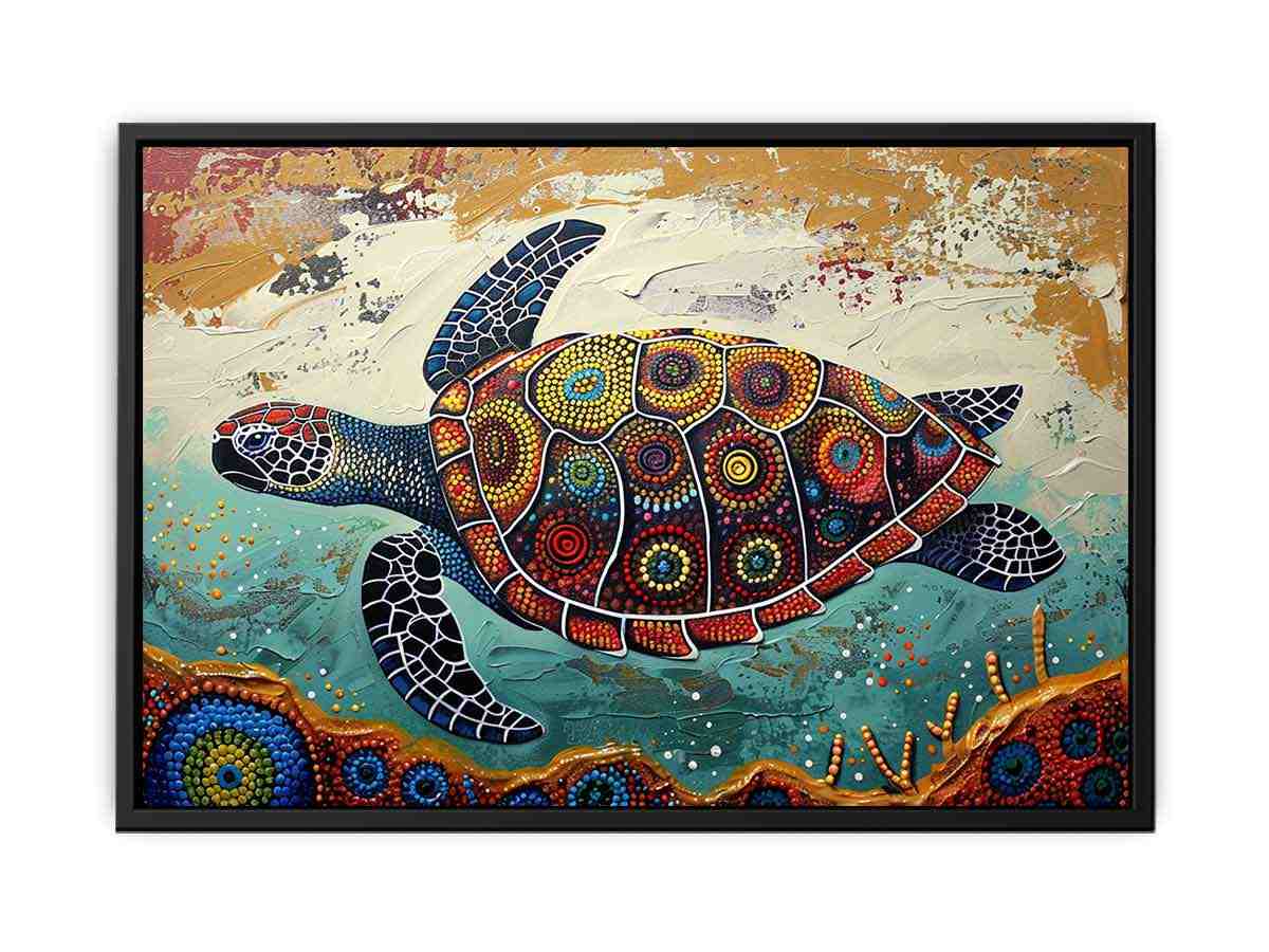 Colorful sea turtle coastal canvas art for beach house or living room wall decor.