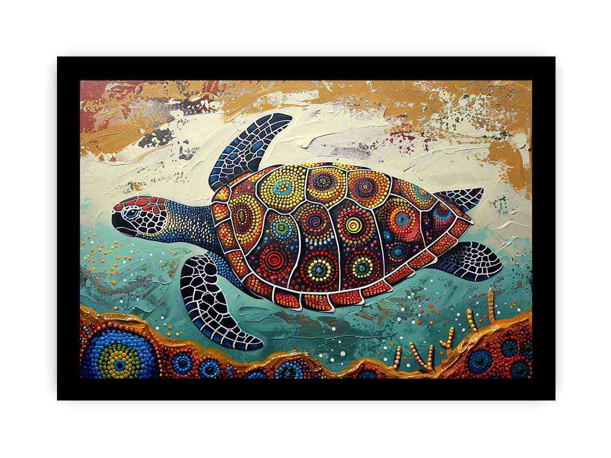 Colorful sea turtle coastal canvas art for beach house or living room wall decor.