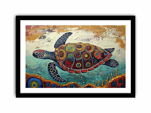 Colorful sea turtle coastal canvas art for beach house or living room wall decor.