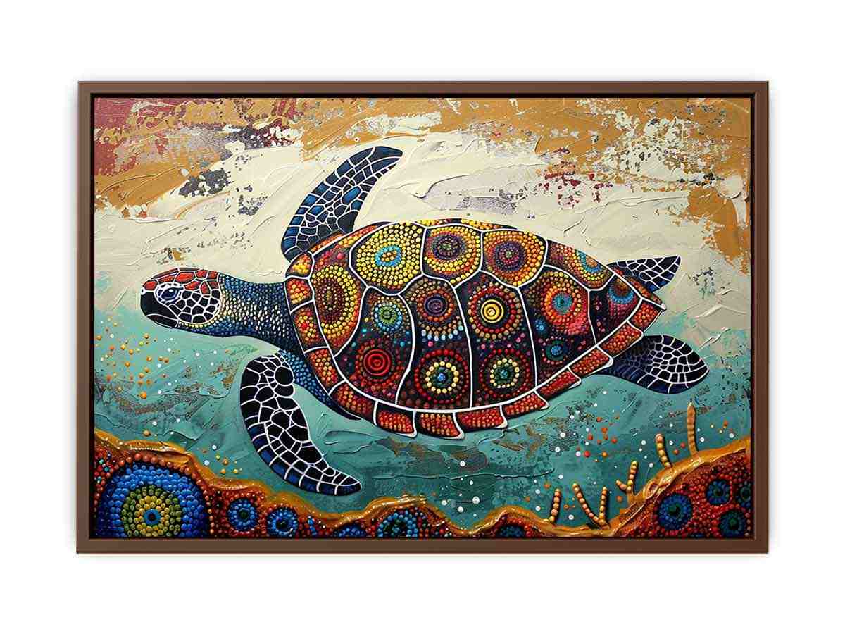 Colorful sea turtle coastal canvas art for beach house or living room wall decor.