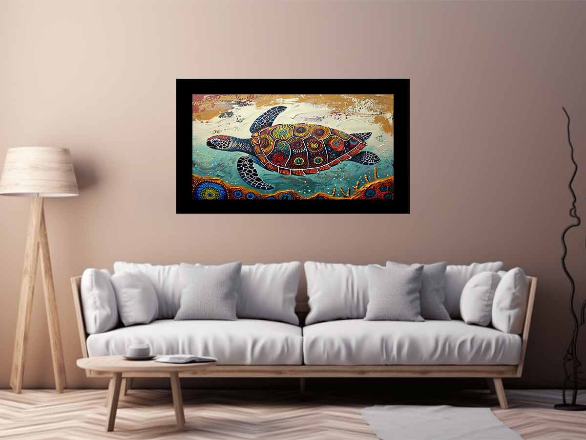 Colorful sea turtle coastal canvas art for beach house or living room wall decor.