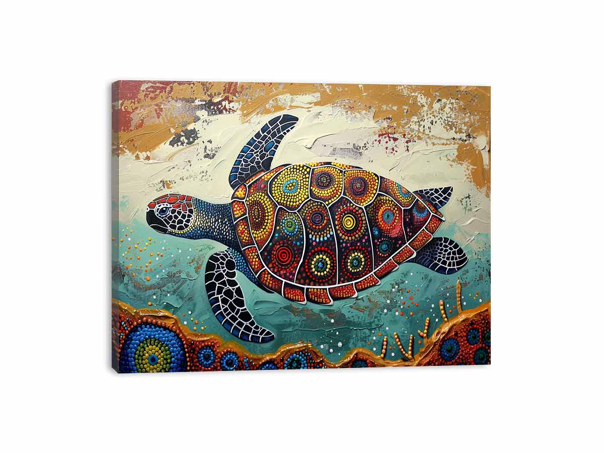 Colorful sea turtle coastal canvas art for beach house or living room wall decor.