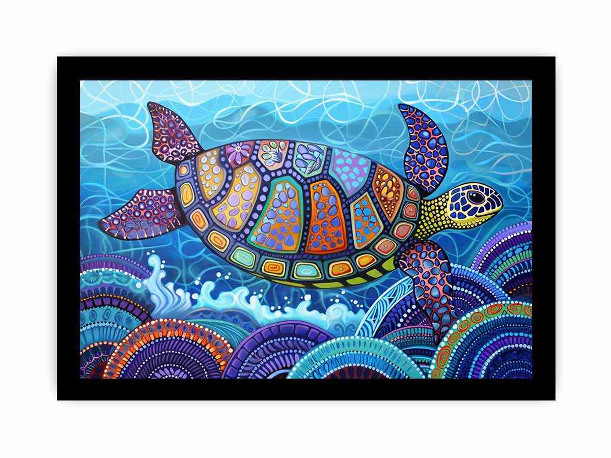 Vibrant sea turtle ocean wall art with mosaic shell for coastal living room decor.