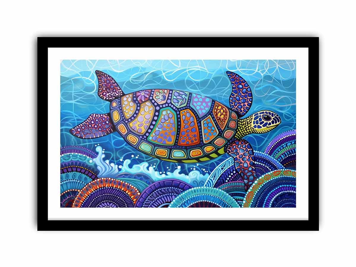 Vibrant sea turtle ocean wall art with mosaic shell for coastal living room decor.