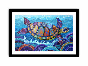 Vibrant sea turtle ocean wall art with mosaic shell for coastal living room decor.