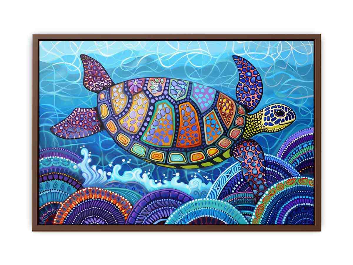 Vibrant sea turtle ocean wall art with mosaic shell for coastal living room decor.