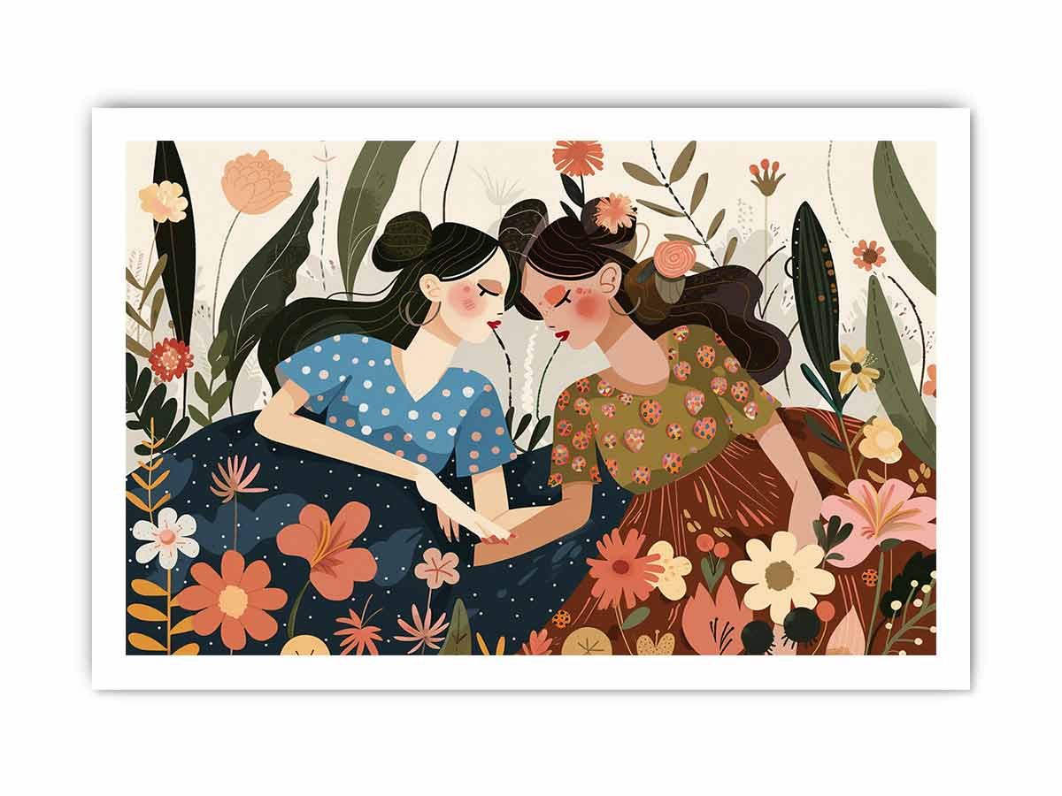 Boho garden sisterhood illustration with two women and flowers for bedroom decor.