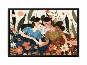 Boho garden sisterhood illustration with two women and flowers for bedroom decor.