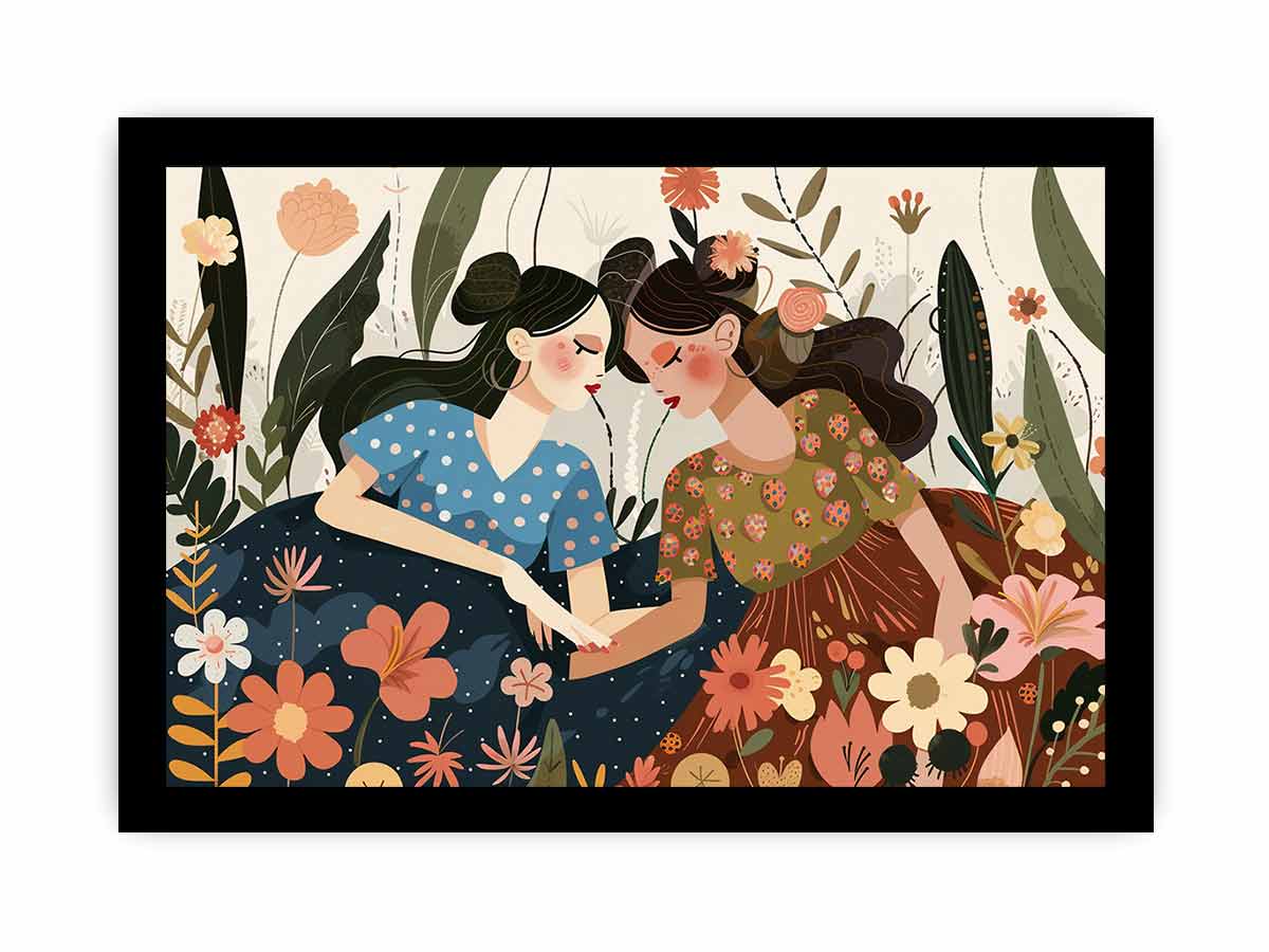 Boho garden sisterhood illustration with two women and flowers for bedroom decor.