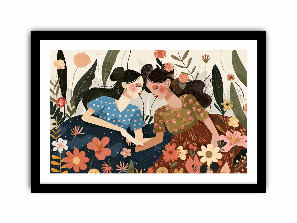 Boho garden sisterhood illustration with two women and flowers for bedroom decor.