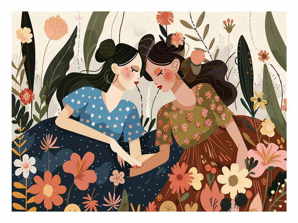 Boho garden sisterhood illustration with two women and flowers for bedroom decor.