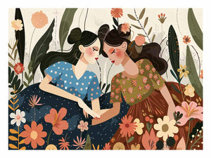Boho garden sisterhood illustration with two women and flowers for bedroom decor.