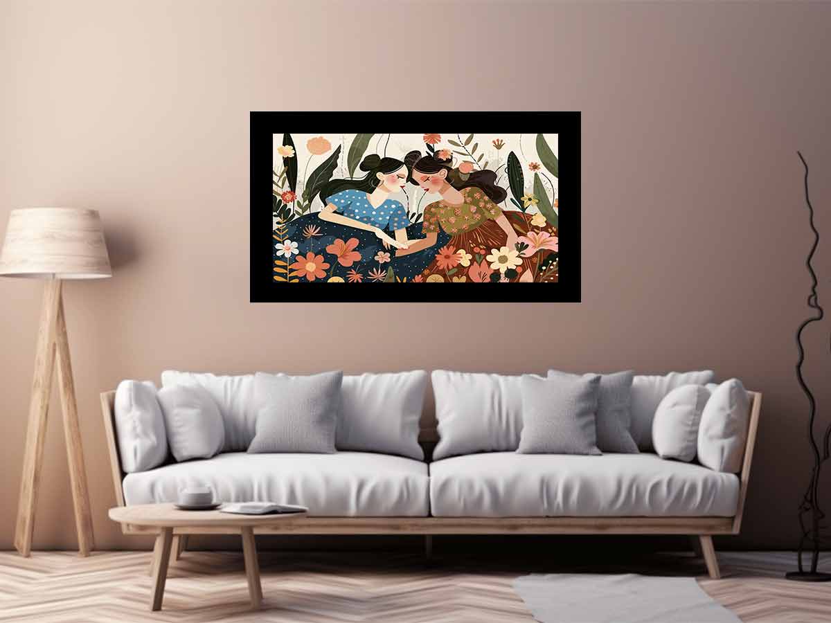 Boho garden sisterhood illustration with two women and flowers for bedroom decor.