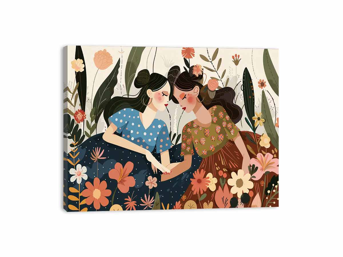 Boho garden sisterhood illustration with two women and flowers for bedroom decor.
