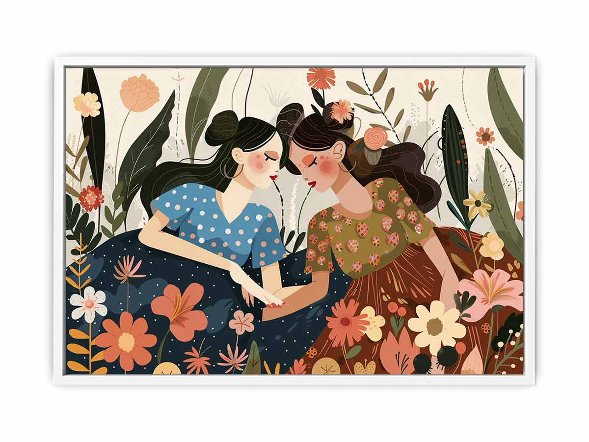 Boho garden sisterhood illustration with two women and flowers for bedroom decor.