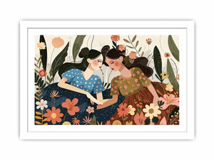 Boho garden sisterhood illustration with two women and flowers for bedroom decor.