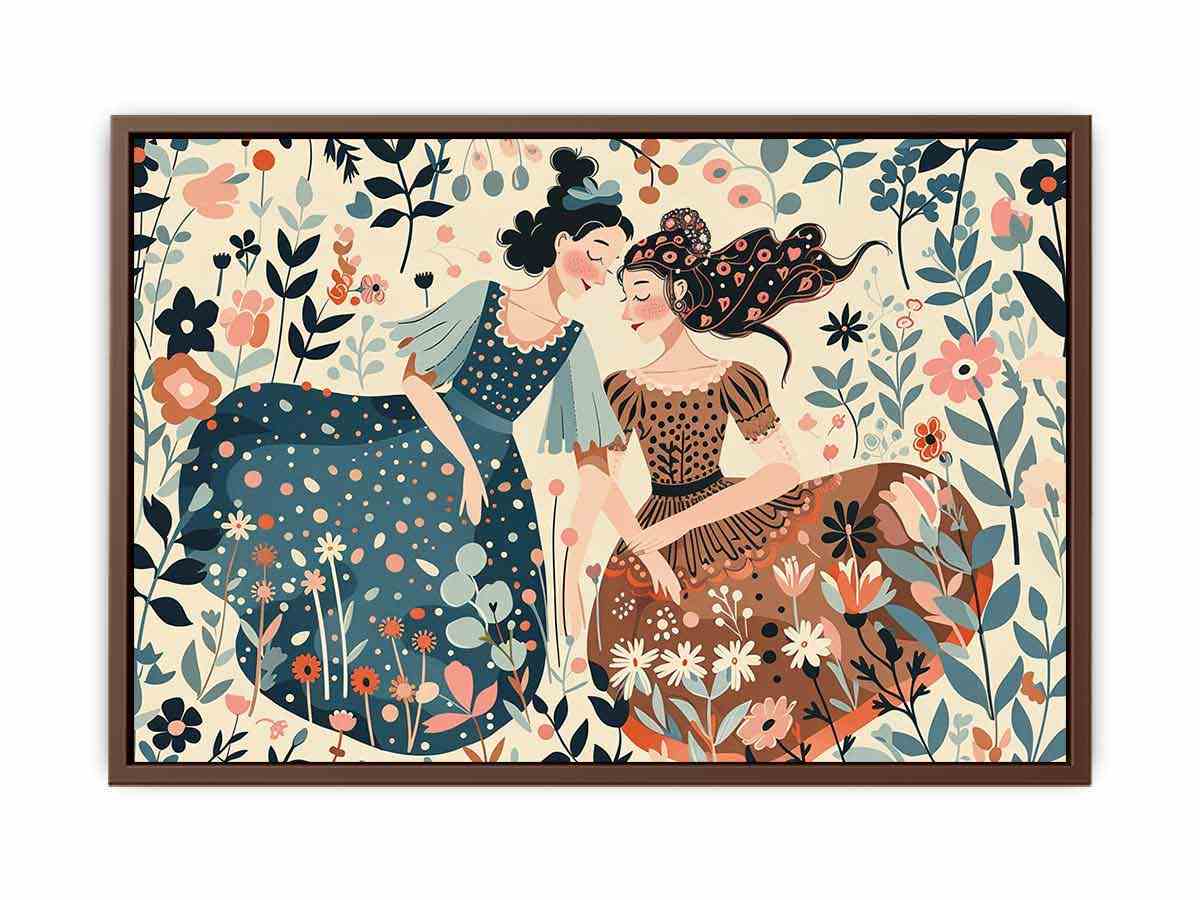 Whimsical floral illustration of two women for boho bedroom or living room decor.