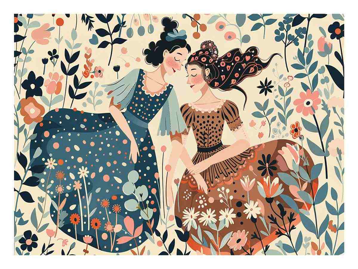 Whimsical floral illustration of two women for boho bedroom or living room decor.