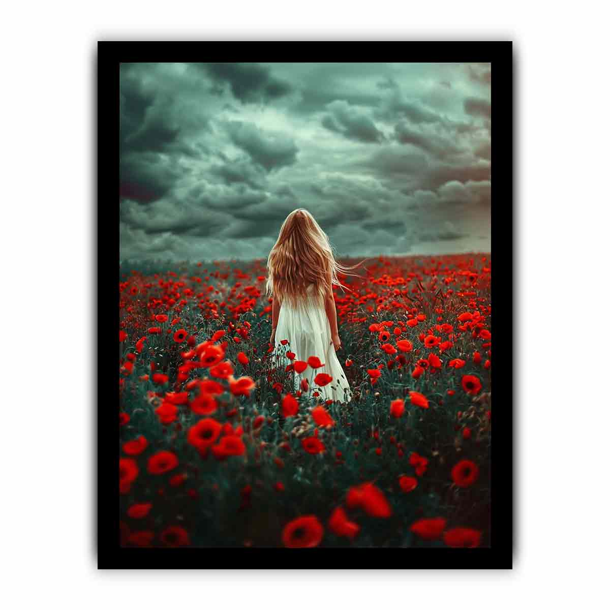 Girl in white dress walking through red poppy field under storm clouds for dramatic room decor.