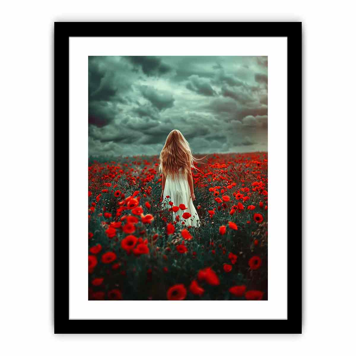 Girl in white dress walking through red poppy field under storm clouds for dramatic room decor.