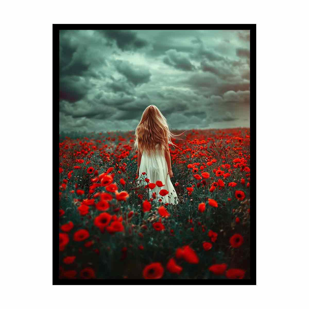 Girl in white dress walking through red poppy field under storm clouds for dramatic room decor.