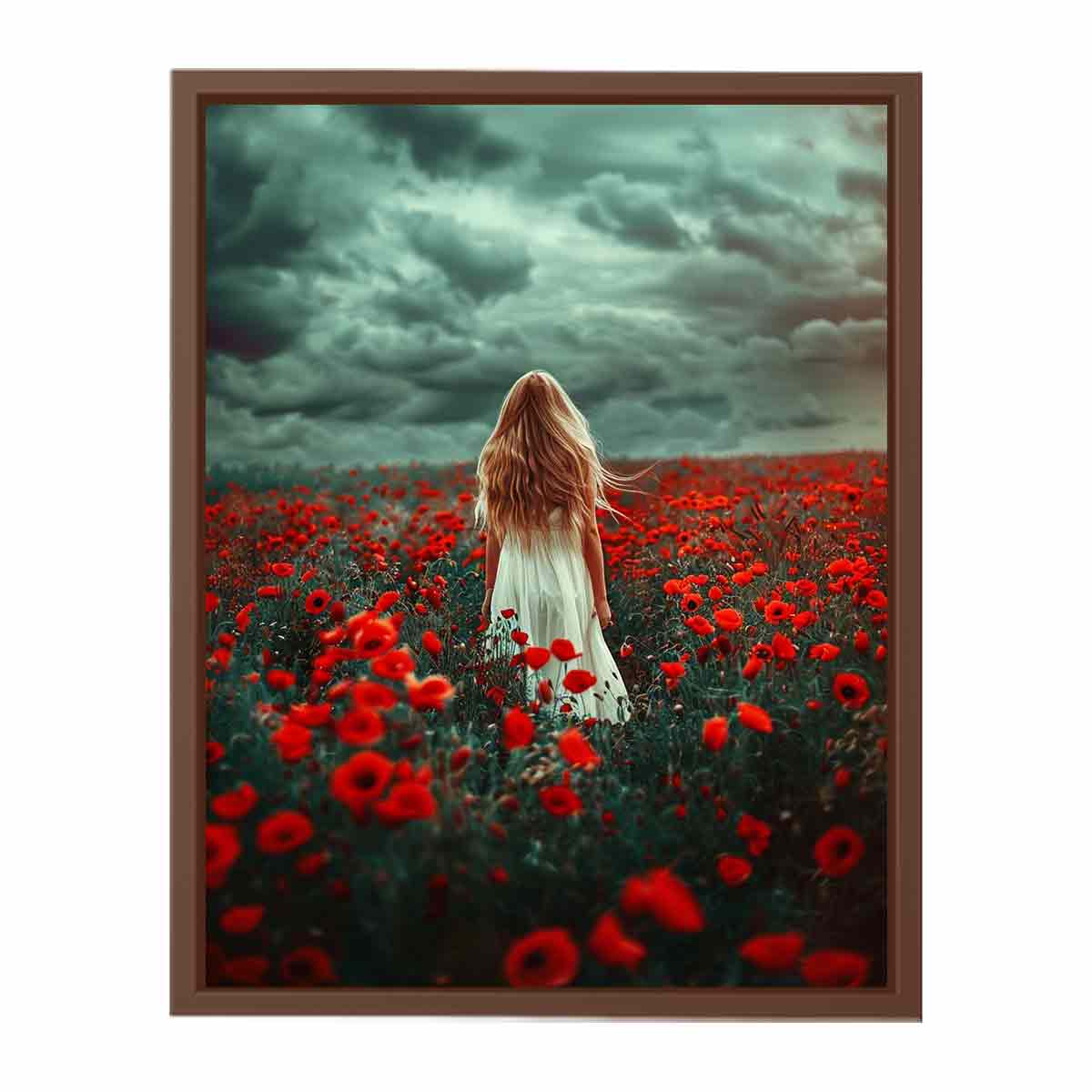 Girl in white dress walking through red poppy field under storm clouds for dramatic room decor.