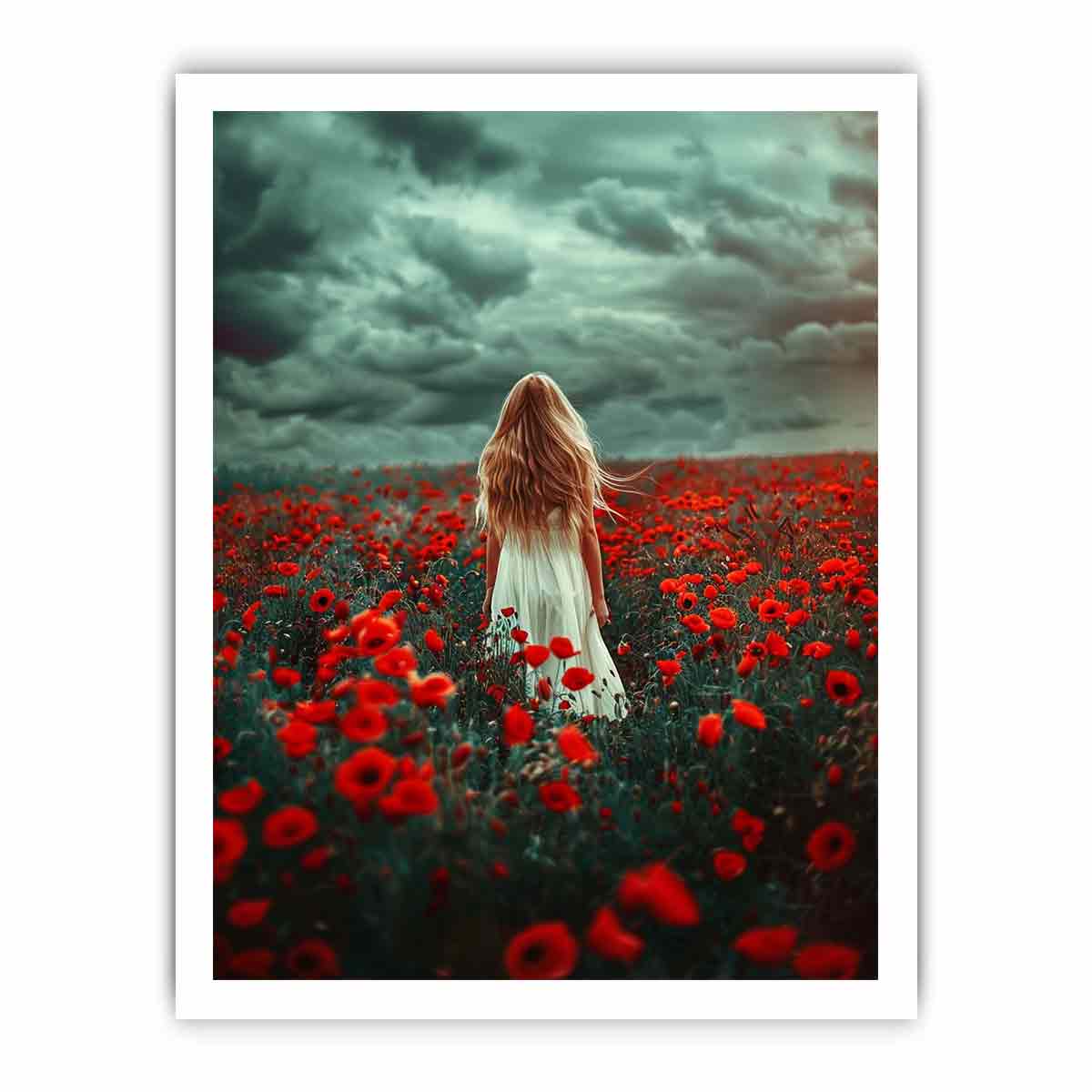 Girl in white dress walking through red poppy field under storm clouds for dramatic room decor.