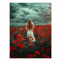Girl in white dress walking through red poppy field under storm clouds for dramatic room decor.