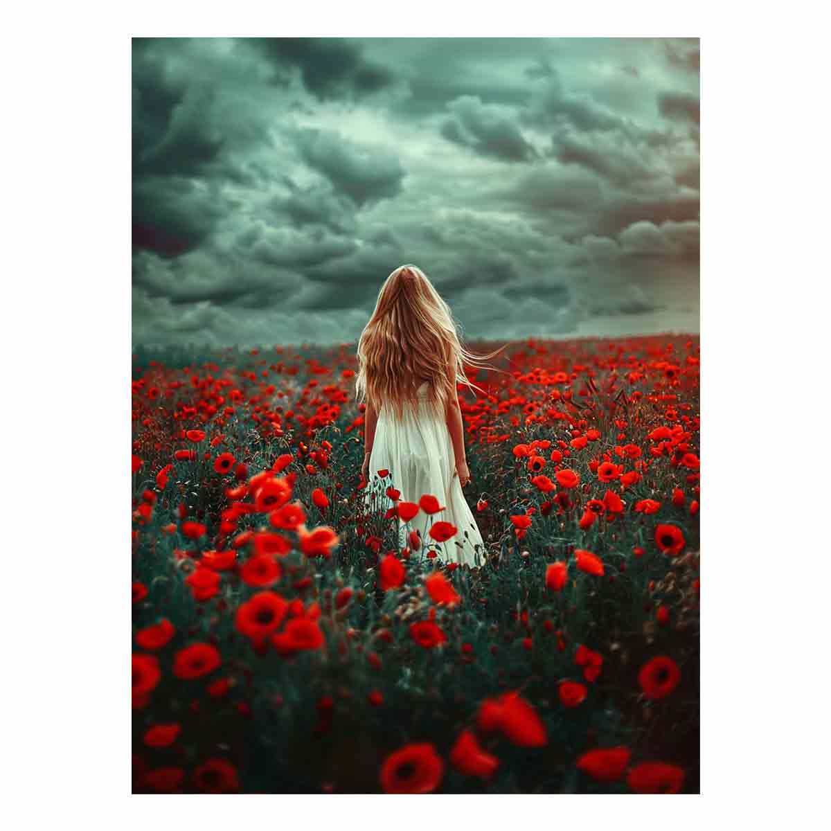 Girl in white dress walking through red poppy field under storm clouds for dramatic room decor.